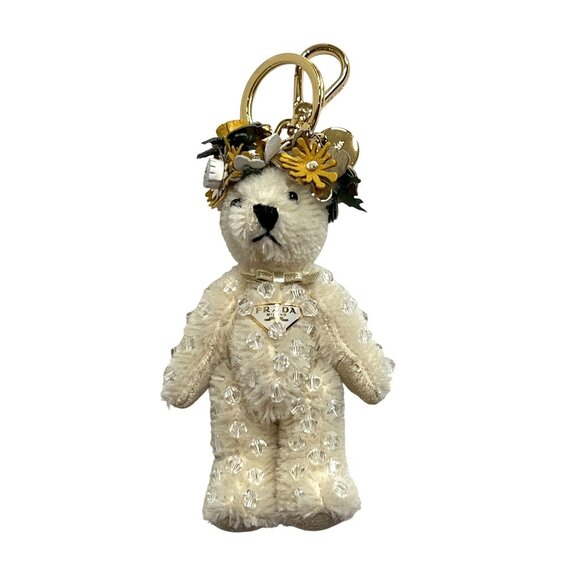 Prada Teddy Bear Bag Charm with Metal Ring in White - Picture 2 of 5